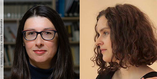 Die ukrainische Germanistin Dr. Oxana Matiychuk (li), die an der Jurij-Fedkowytsch-Universität Czernowitz am Lehrstuhl für Weltliteratur arbeitet, und die aus der Ukraine nach Deutschland geflüchtete Pianistin Oleksandra Kiktenko (musikalische Begleitung). Die ukrainische Germanistin Dr. Oxana Matiychuk (li), die an der Jurij-Fedkowytsch-Universität Czernowitz am Lehrstuhl für Weltliteratur arbeitet, und die aus der Ukraine nach Deutschland geflüchtete Pianistin Oleksandra Kiktenko (musikalische Begleitung).